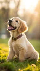 Adorable Golden Retriever Puppy Sitting in Sunlit Park &ndash; Happy Dog Outdoors