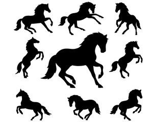 Collection of horse silhouettes set, horse icons in various poses, black color, isolated on white background
