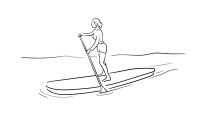 Sup riding with a paddle, continious line drawing. Recreation on the water. Summer vacation. Vector illustration