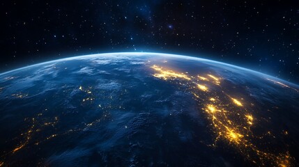 Earth From Space Showing City Lights at Night with Stars