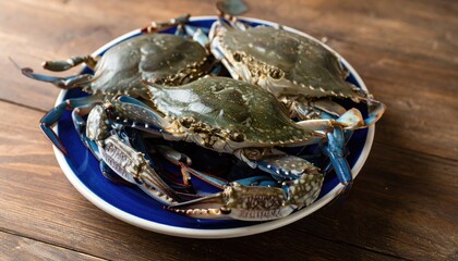 Fresh blue crabs on a plate