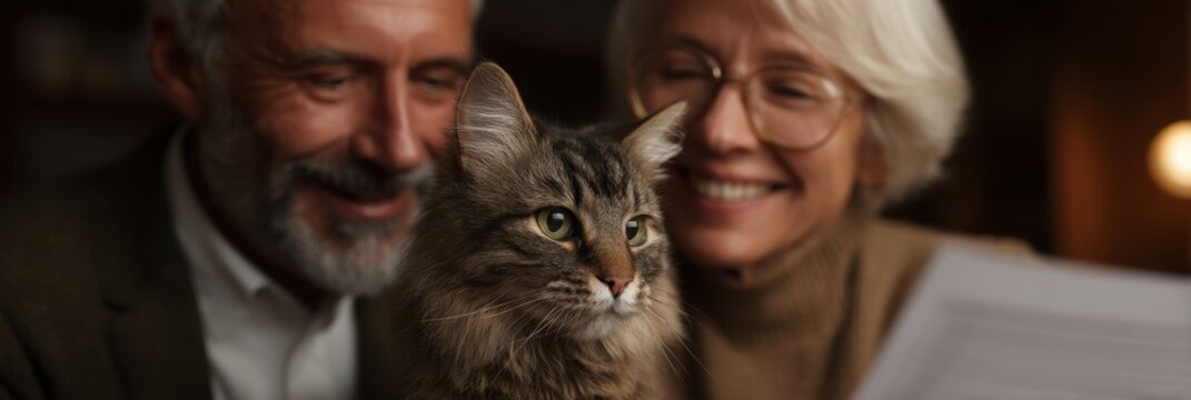 Cat assisting elderly couple with retirement planning in cozy setting
