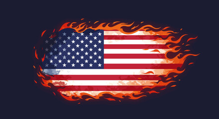 Burning American flag with flames on dark background