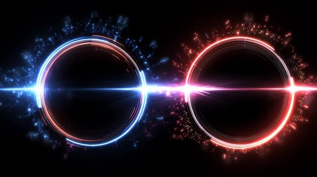 dual neon rings with separate waveform animations, inner and outer neon circles pulsating in sync with audio, floating in deep space, particle background
