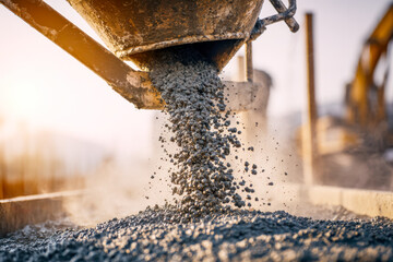 Close-up of gravel or small stones being poured from a large container at a construction site during golden hour