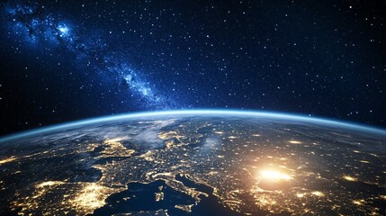 Obraz premium Earth From Space Showing City Lights and Milky Way Galaxy View