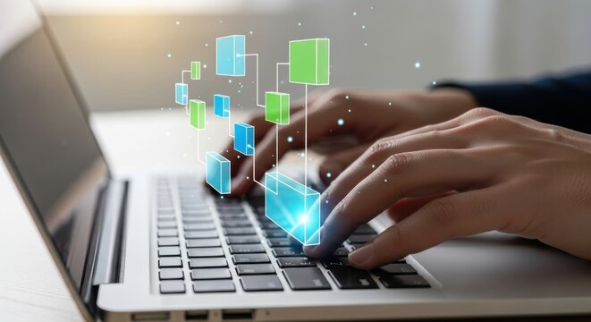 Person typing on laptop with glowing blue and green data blocks and connections technology business