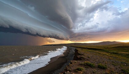 Dramatic storm clouds over a coastal landscape at sunset