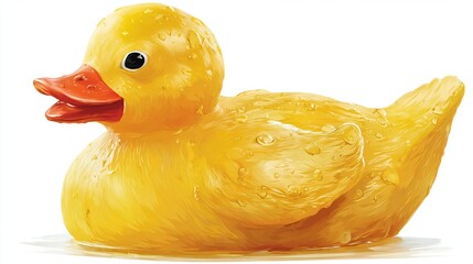 Shiny yellow rubber ducky with orange beak, covered in water droplets, isolated on white