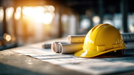 Construction safety gear job site photography industrial environment close-up view hard hat and plans