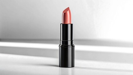 Elegant pink lipstick standing on white glossy surface in minimal cosmetic product display