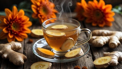 Ginger tea steaming in a glass cup, with ginger slices visible, surrounded by warm orange flowers on a rustic wooden table.