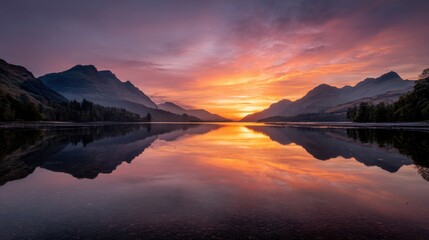 Fototapeta premium Sunset reflection over serene lake in majestic mountains landscape photography tranquil environment scenic view