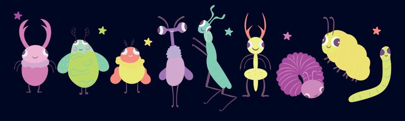 Cute colorful cartoon bugs and insects with big eyes and funny expressions. Whimsical flat illustration of fantasy beetles, caterpillars, worms, and imaginary creatures