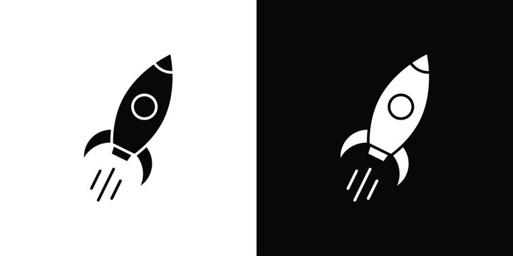 Rocket launch icons flat vector concept. Black and white illustrations