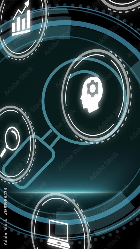 Poster animation of digital icons floating over dark background with futuristic interface