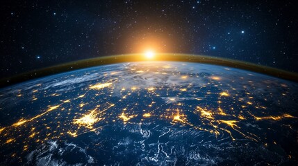 Obraz premium Earth From Space at Night with City Lights and Sunrise Glow