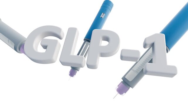 A 3d animation of pre-filled injection pen, similar to those used for diabetes or weight management medications with letters spell out GLP-1.