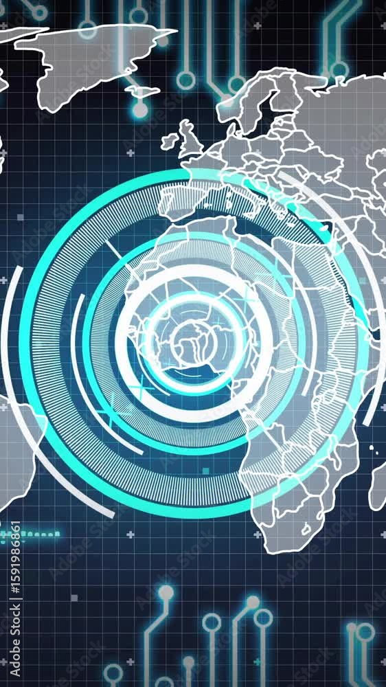 Poster digital world map with glowing circuits and target animation over continents