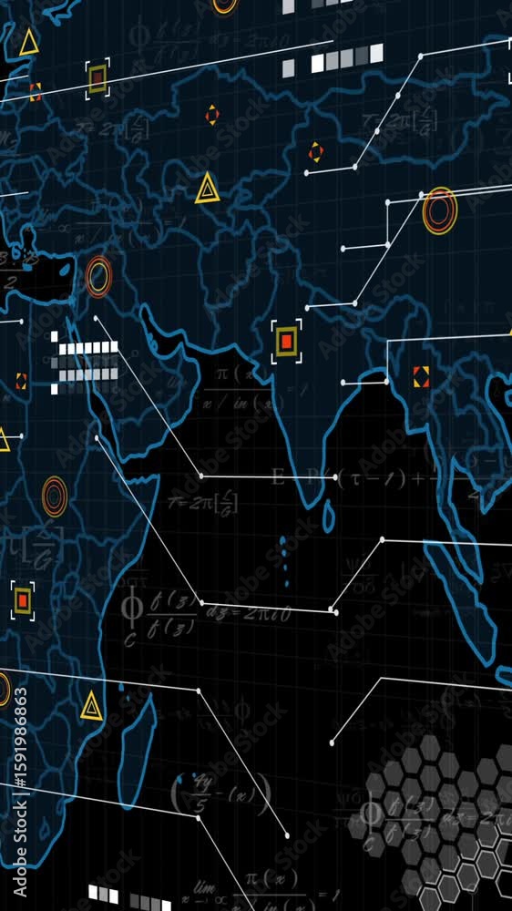 Poster animation overlaying world map with digital data icons and hexagonal patterns