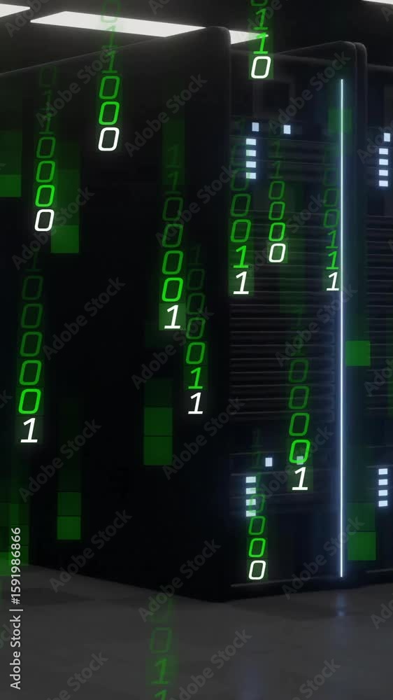 Poster binary code flowing over servers in data center environment, showcasing technology