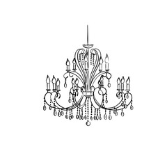 Chandelier illustration with drop crystal pendants. Hand drawn in black and white. 