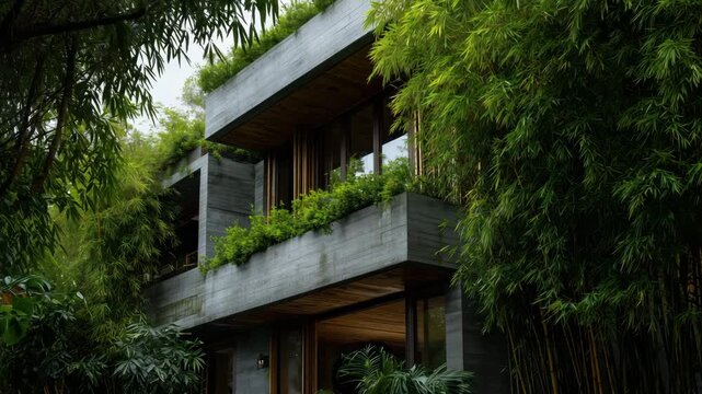 Stylish modern architecture embraced by lush greenery in a tranquil environment during serene daylight