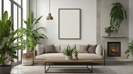 Modern living room interior with plants and fireplace