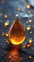 Close up macro shot of a golden viscous liquid droplet with sparkling particles on a dark textured surface
