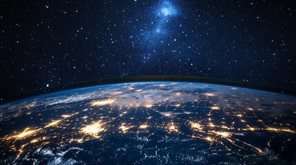 Obraz premium Earth From Space with City Lights and Starry Sky Scenery