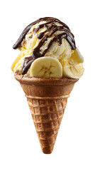 Banana ice cream with chocolate isolated on a white background