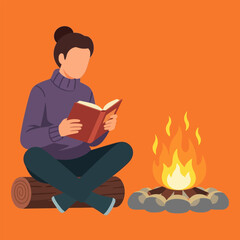 Woman Reading by Campfire on Log in Flat Vector Style