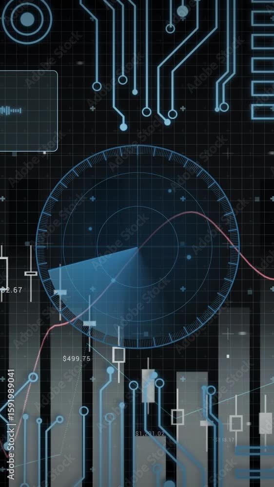 Poster analyzing data, digital interface with graphs, charts, and animation effects