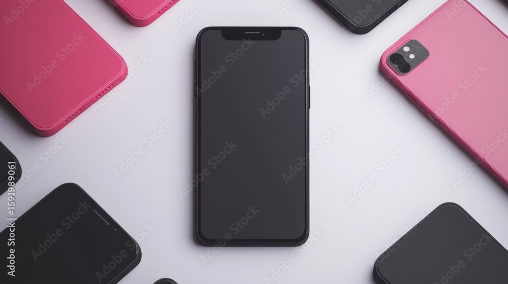 Poster a modern smartphone with a blank screen is placed centrally, surrounded by colorful cases on a light
