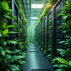 Green technology, data center, eco friendly servers, cloud computing, sustainable IT solutions, nature and technology integration with vibrant green foliage and servers