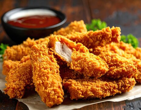 Crispy fried chicken tenders piled high with a dipping sauce