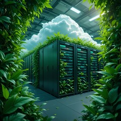 Green technology, data center, eco friendly servers, cloud computing, sustainable IT solutions, nature and technology integration with vibrant green foliage and servers