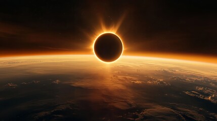 Solar Eclipse Seen From Space Orbiting Planet Earth with Glowing Corona