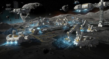 Futuristic Lunar Mining Site with Robotic Excavators and Spacecrafts in Space