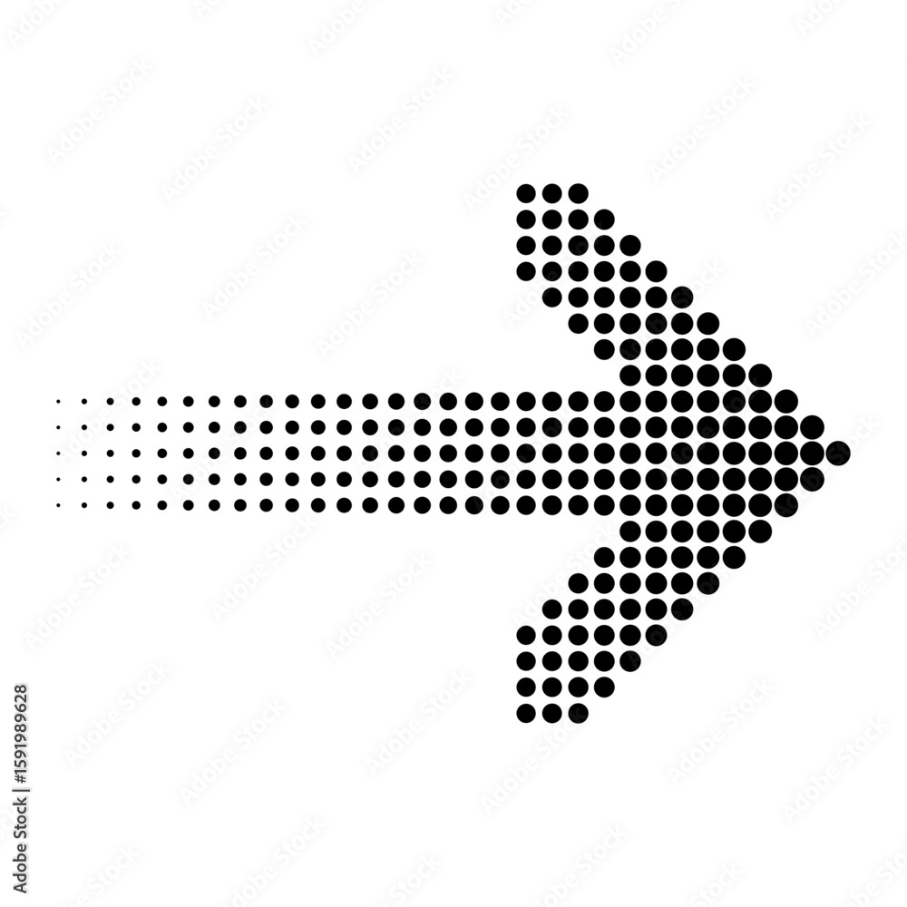 Poster dotted arrow icon. gradual progress pointer. halftone direction graphic. vector motion symbol.