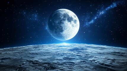 Full Moon Rising Over Planet Surface with Stars and Galaxy