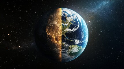 Earth From Space Showing Day and Night with City Lights