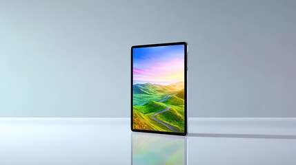 Fototapeta premium A sleek tablet stands vertically on a reflective surface, displaying a vibrant landscape with rolling green hills and a colorful sunset sky.