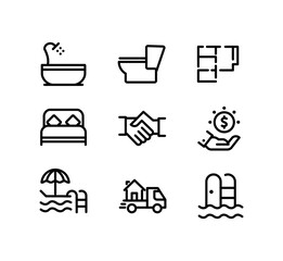 Property features icon set – editable stroke line icons for real estate, bathroom, bedroom, finance, pool, and mover service and more vector design.