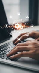 Fototapeta premium Person typing on laptop with glowing technology network diagram and icons business digital marketing