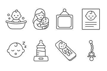Baby care outline icon set. infant essentials, parenting icons in line style collection
