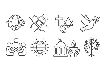 Naklejka premium Religious symbols line icon set. faith, spiritual, belief, peace, harmony, prayer, unity