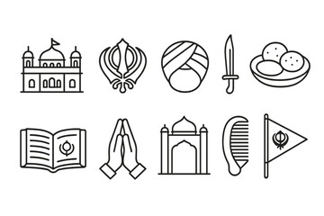 Sikhism culture line icon set. religion, heritage, symbols line collection