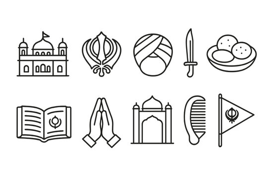 Sikhism culture line icon set. religion, heritage, symbols line collection