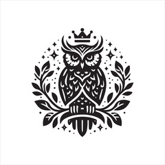 Fototapeta premium Regal Crowned Owl with Ornate Feathers and Floral Branches.
